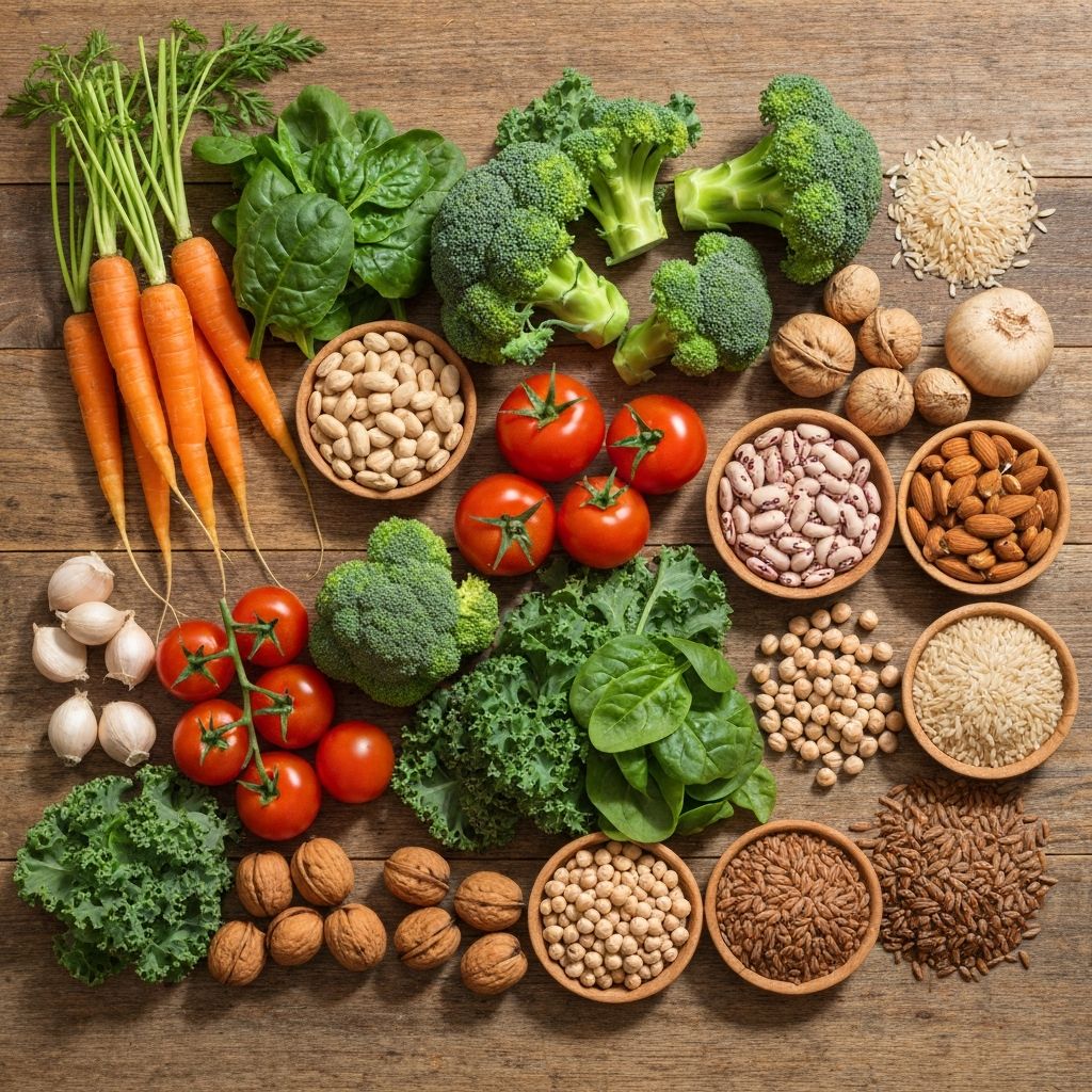 Variety of fresh vegetables and whole foods on wooden surface