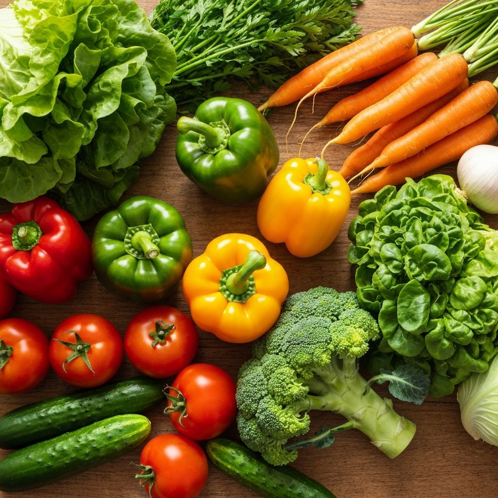 Fresh colourful vegetables on wooden surface